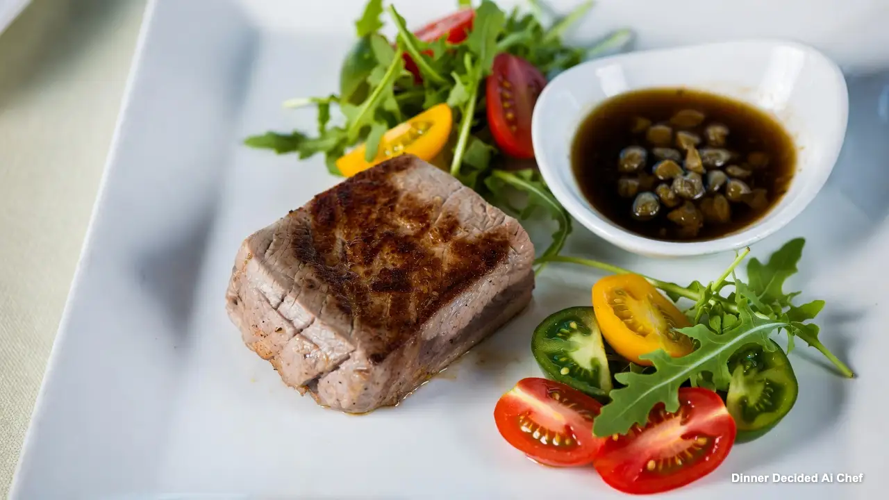 Close-up of seared rare Ahi tuna steaks, sliced, on arugula and heirloom tomatoes, glossy Kalamata-caper vinaigrette, white