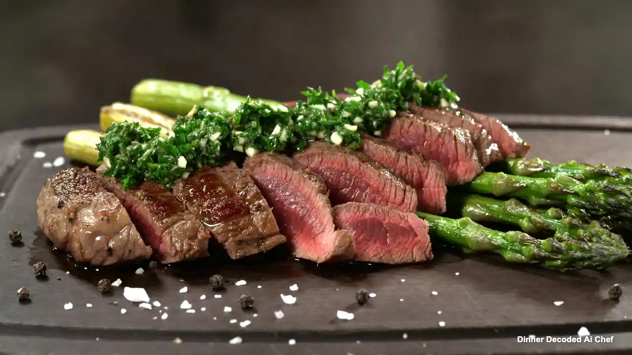 Seared bavette steak, sliced against the grain, topped with vibrant green chimichurri, alongside crisp roasted asparagus,