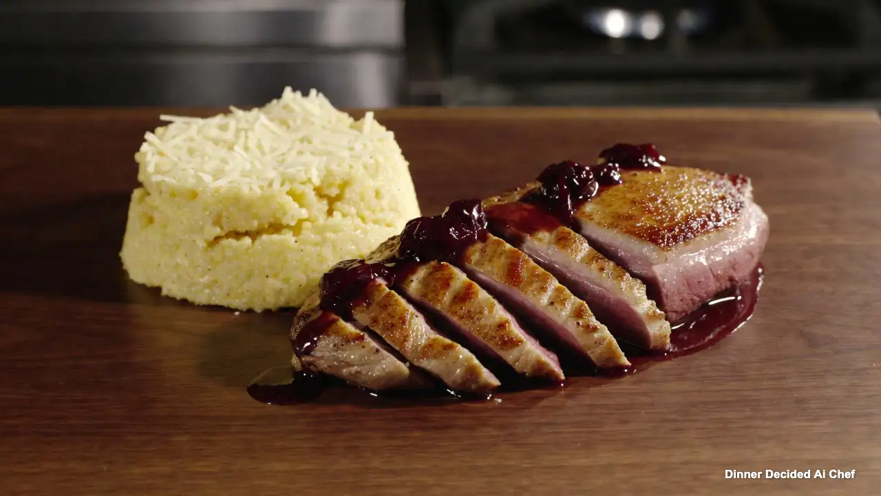 Pan-Seared Duck Breast with Port Cherry Reduction and Creamy Parmesan Polenta, plated dish