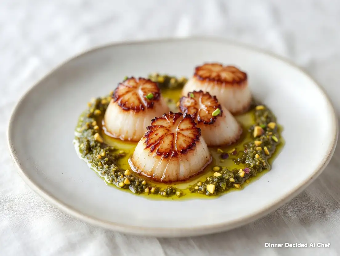 Top-down view of golden pan-seared sea scallops on a white ceramic plate, surrounded by vibrant green pistachio-mint pesto