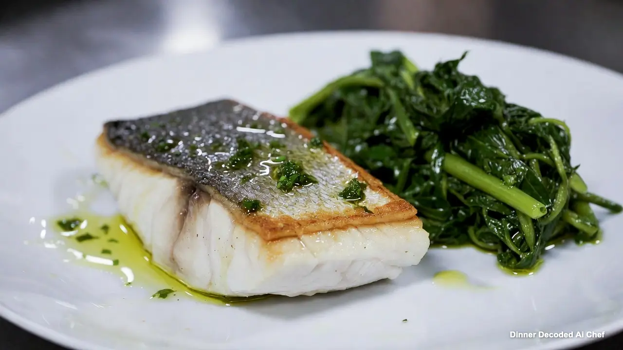 Pan-seared sea bream fillet with golden skin, drizzled with lemon-herb dressing, beside vibrant green horta on a white