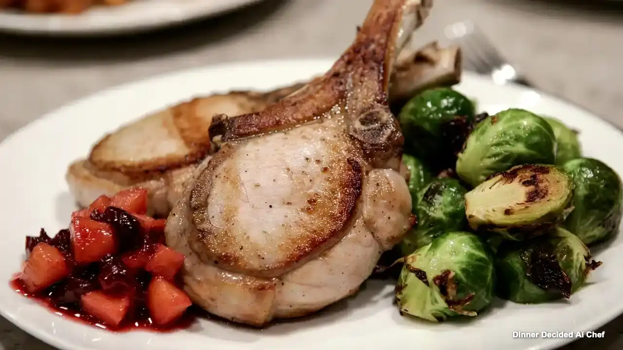 Top-down view of two golden pan-seared pork chops on a white ceramic plate, topped with glossy red apple-cranberry chutney,