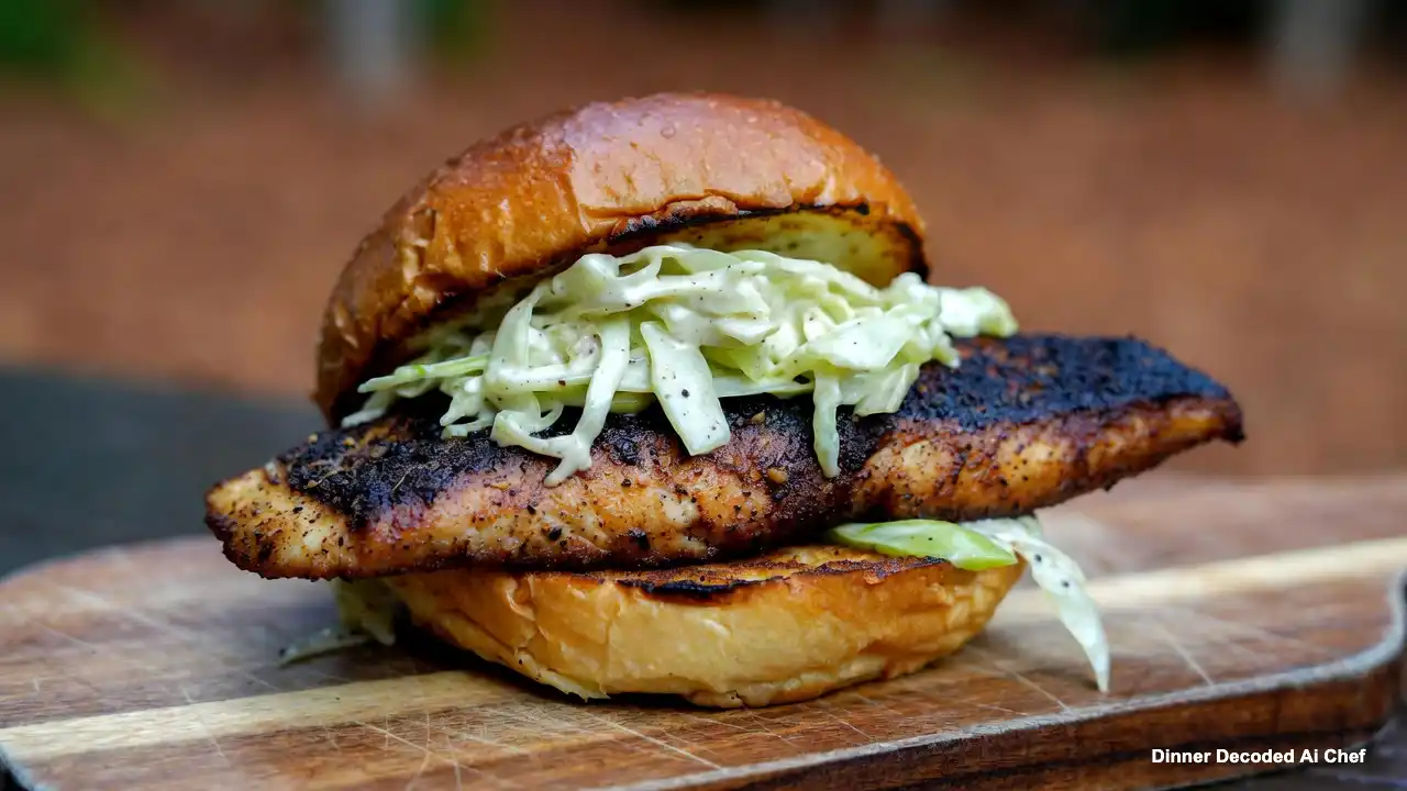 Top-down close-up of a seared blackened tilapia fish sandwich on a toasted brioche bun, topped with creamy green cabbage slaw, served