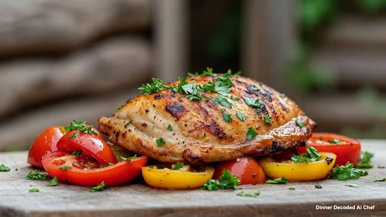 Golden-brown chicken sautéed with vibrant red and yellow bell peppers, diced tomatoes, and fresh parsley, in a rustic