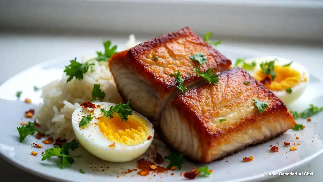 Top-down view of a steaming plate of golden smoked haddock kedgeree, garnished with fresh green parsley and two halved