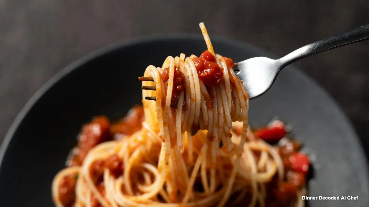 Close-up, top-down view of spaghetti with a simple red tomato sauce and diced red peppers, twirled on a fork above a dark