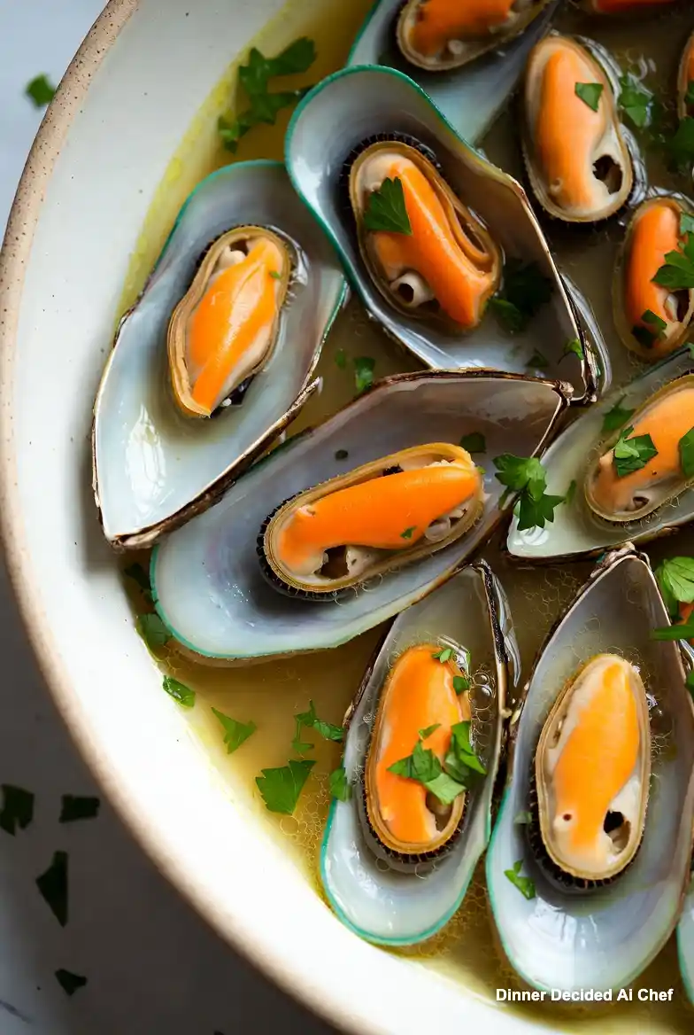 Close-up top-down view of vibrant orange mussels in a glossy saffron-infused white wine broth, garnished with green parsley,