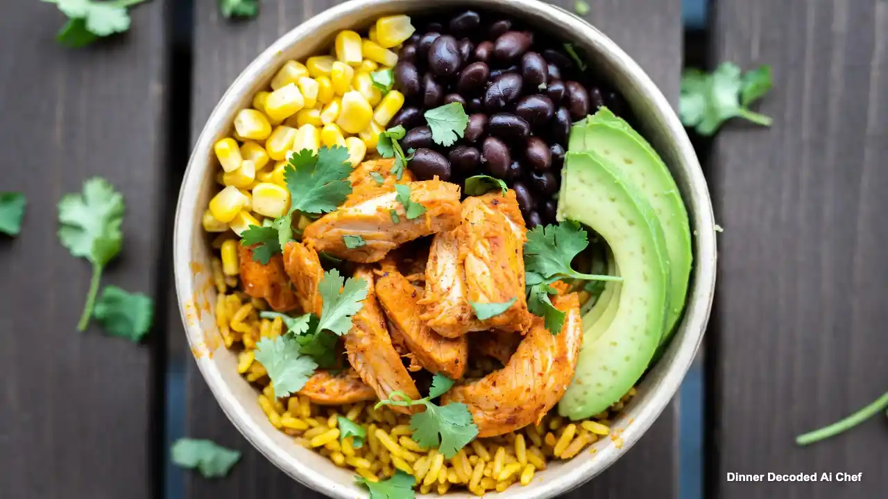 Top-down view of a vibrant Speedy Chicken and Black Bean Burrito Bowl with seasoned chicken, black beans, corn, avocado, and