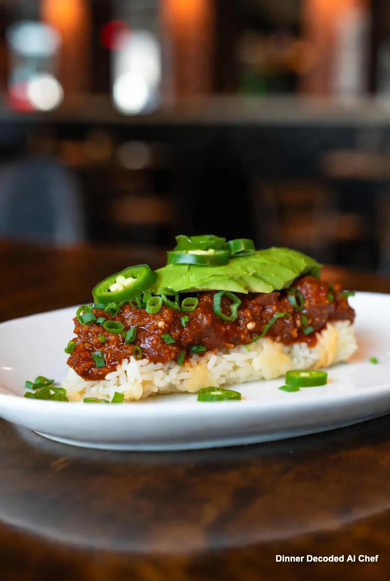 Spicy tuna crispy rice on a white ceramic plate, topped with green scallions, avocado, and jalapeño slices, close-up,