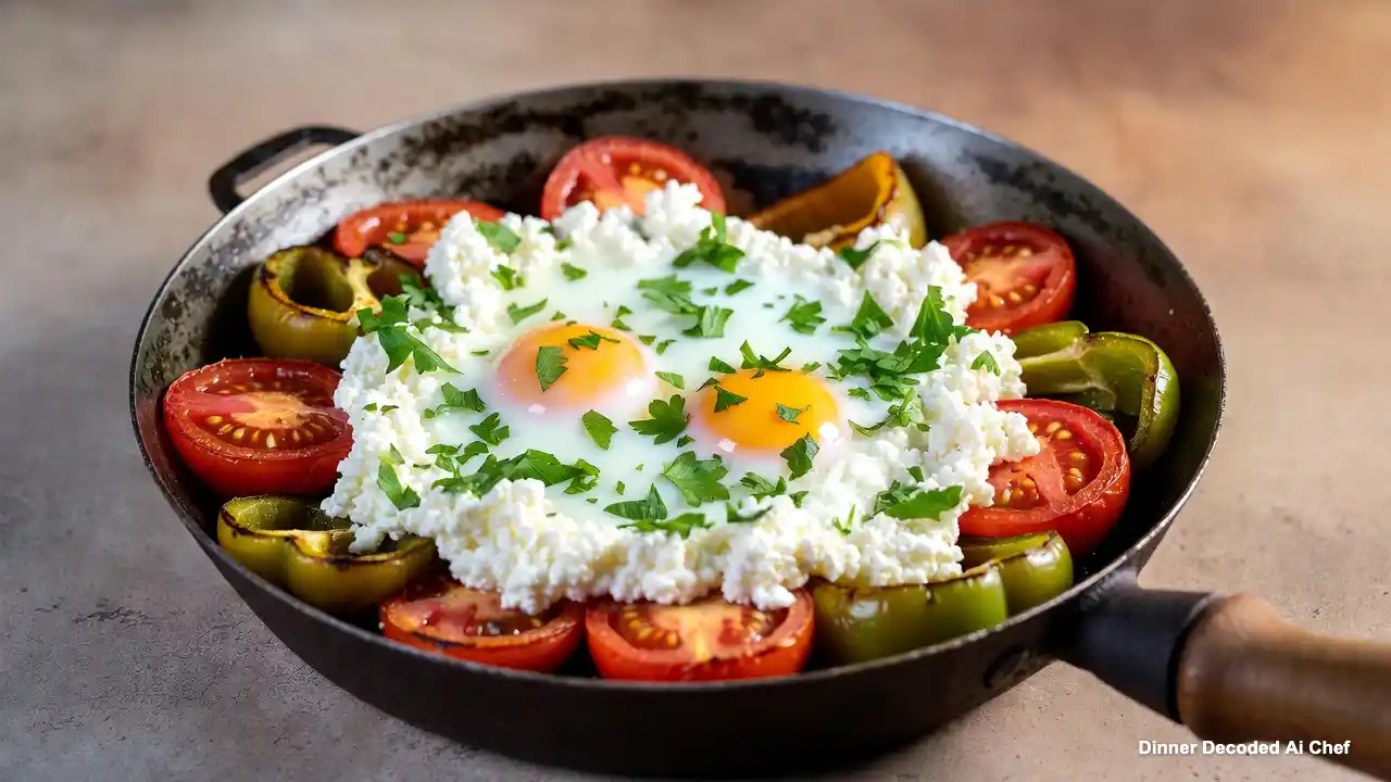 Albanian Speça me Gjizë: sautéed bell peppers, tomatoes, creamy cottage cheese, two set eggs, fresh parsley, rustic skillet,