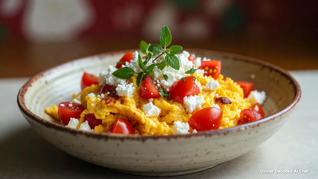 Scrambled eggs with vibrant red diced tomatoes, crumbled white feta cheese, and green oregano, served in a rustic ceramic