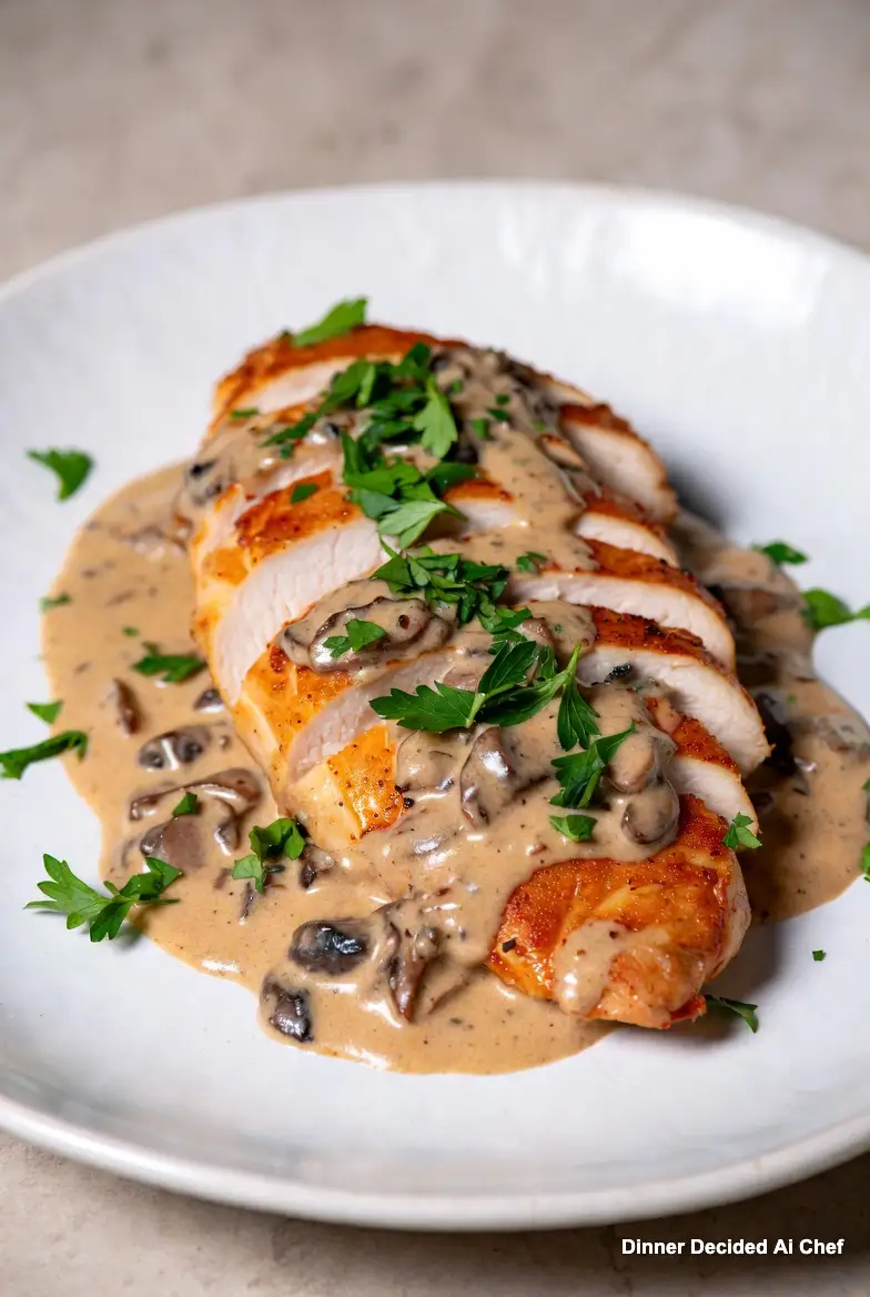 Golden seared chicken breast slices with creamy mushroom sauce, fresh parsley garnish, served on a white ceramic plate,