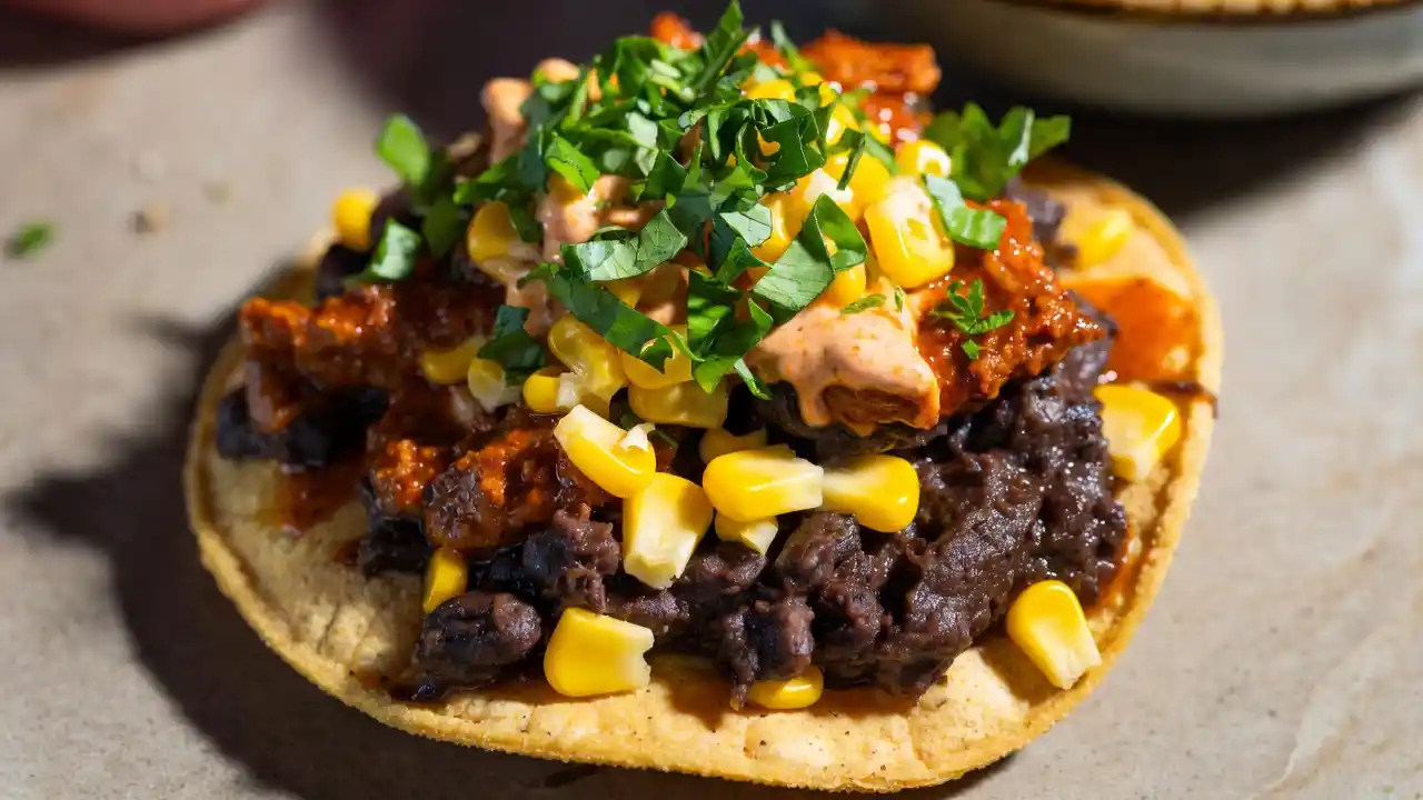 Spicy Black Bean and Corn Tostadas with Chipotle Crema, plated dish