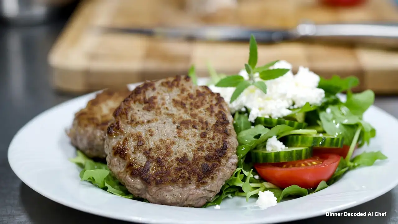 Pan-seared Greek beef patties (biftekia) with golden crust, served on a white ceramic plate with a fresh green salad topped