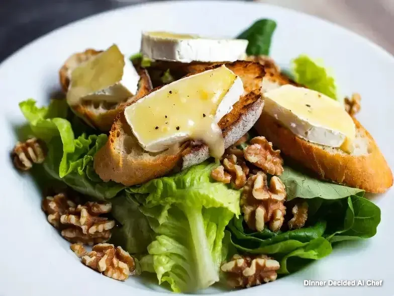 Top-down view of Salade Chèvre Chaud on a white ceramic plate, featuring golden toasted baguette slices topped with warm,