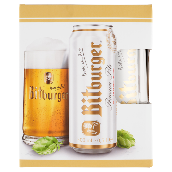 Bitburger Premium Pils 4 x 0.5 L dobozos + pohár PACK DRS