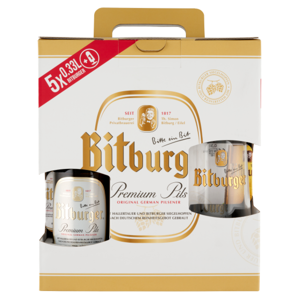 Bitburger 5 x 0.33 L palackos + pohár PACK DRS