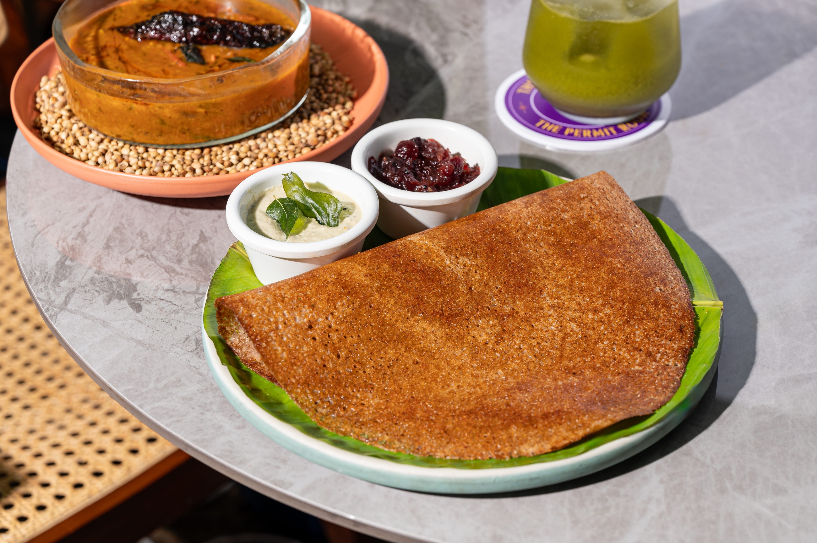 Benne Dosa with Cranberry Chutney and Sambhar