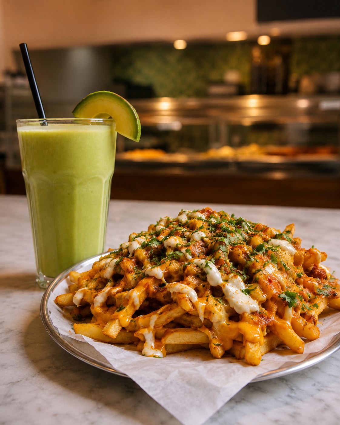 Loaded fries with Avocado juice