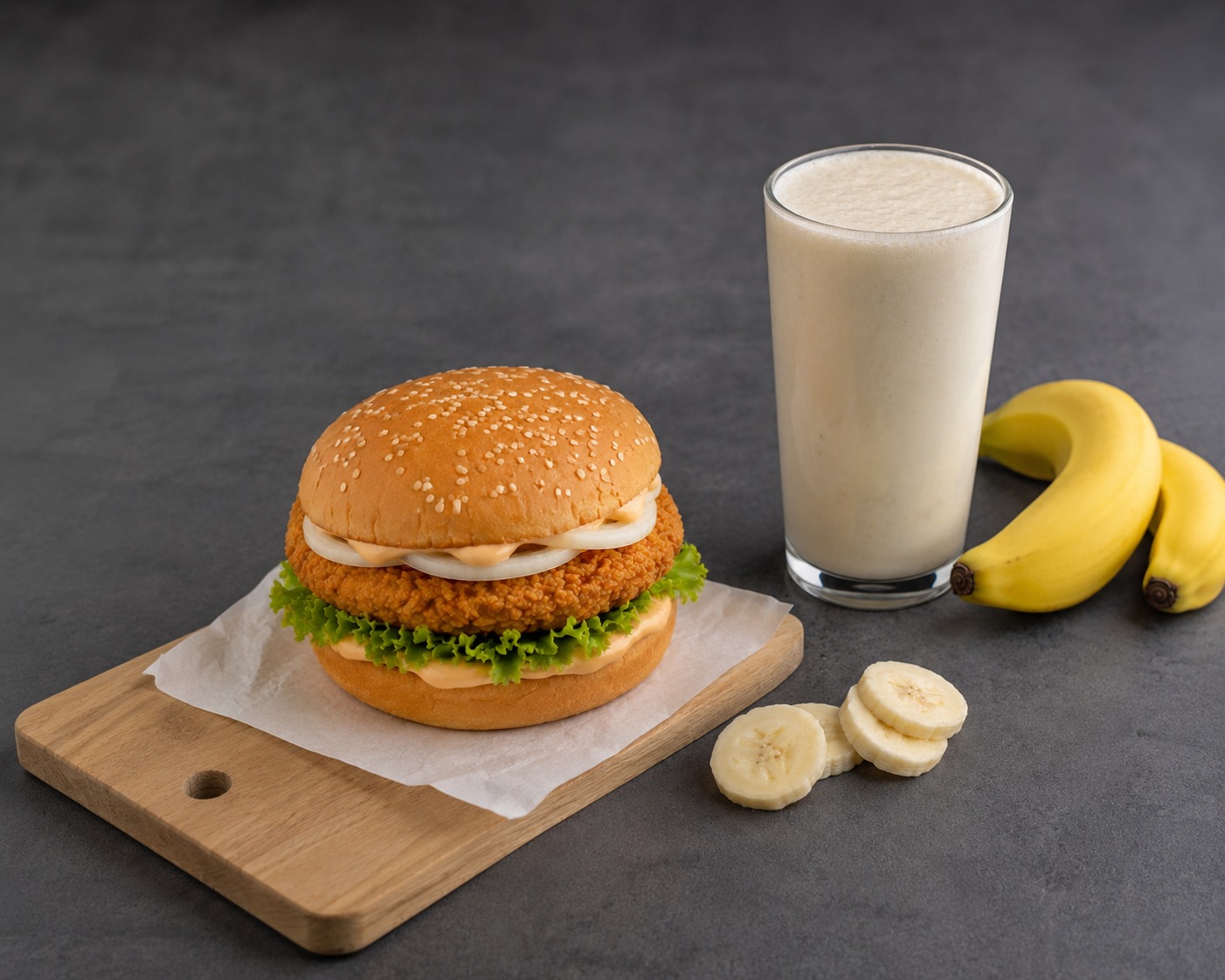 Chicken, Beef Burger & Banana, Watermelon Juice Combo