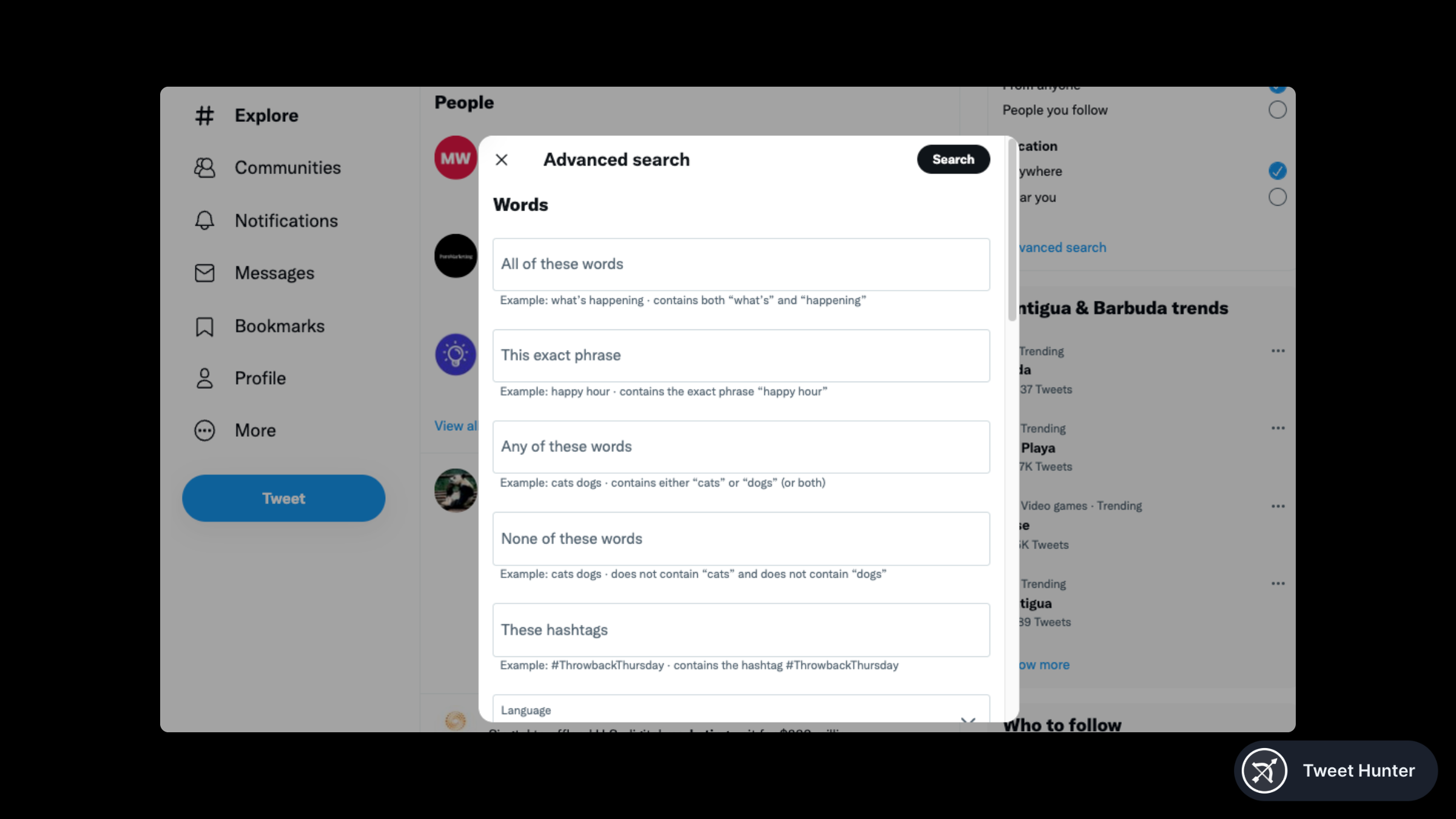 Advanced search popup