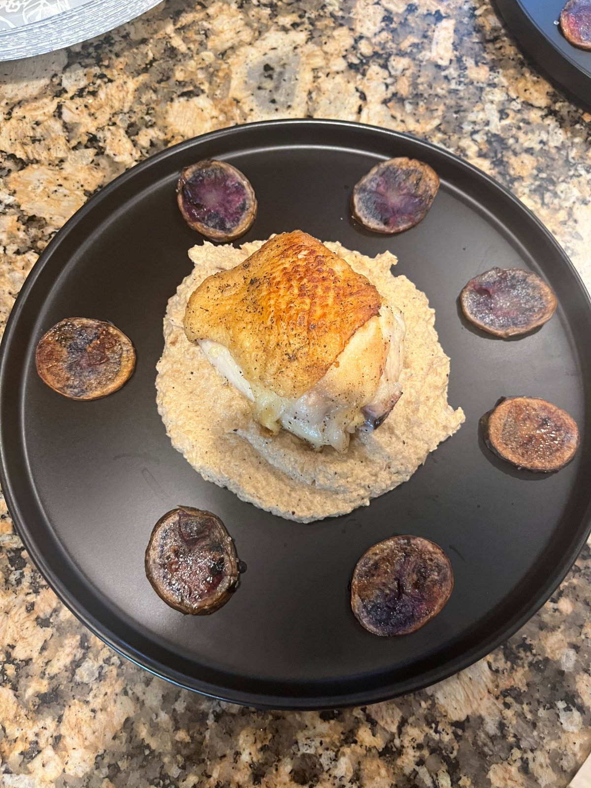 Chicken Thighs with Cabbage Puree and Purple Potatos