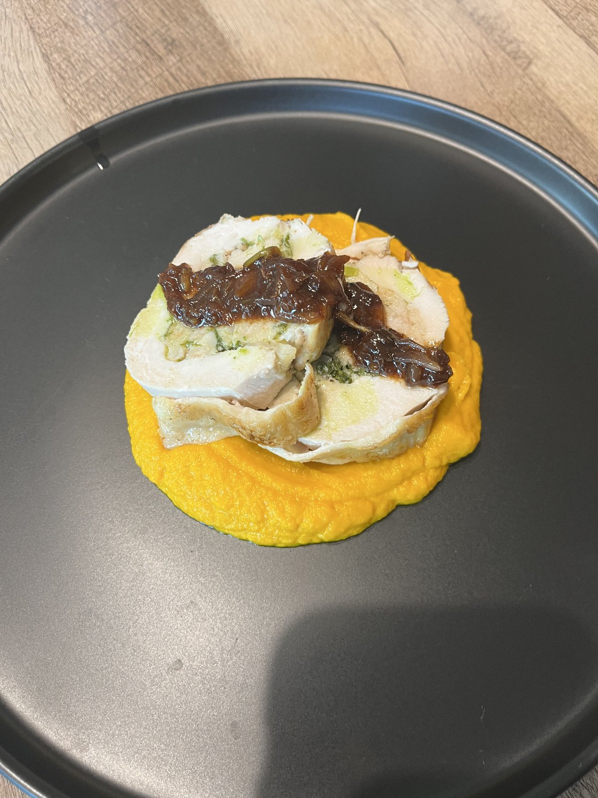 Whole Chicken Ballotine with Butter-Carrot Purée and Scallion Oil