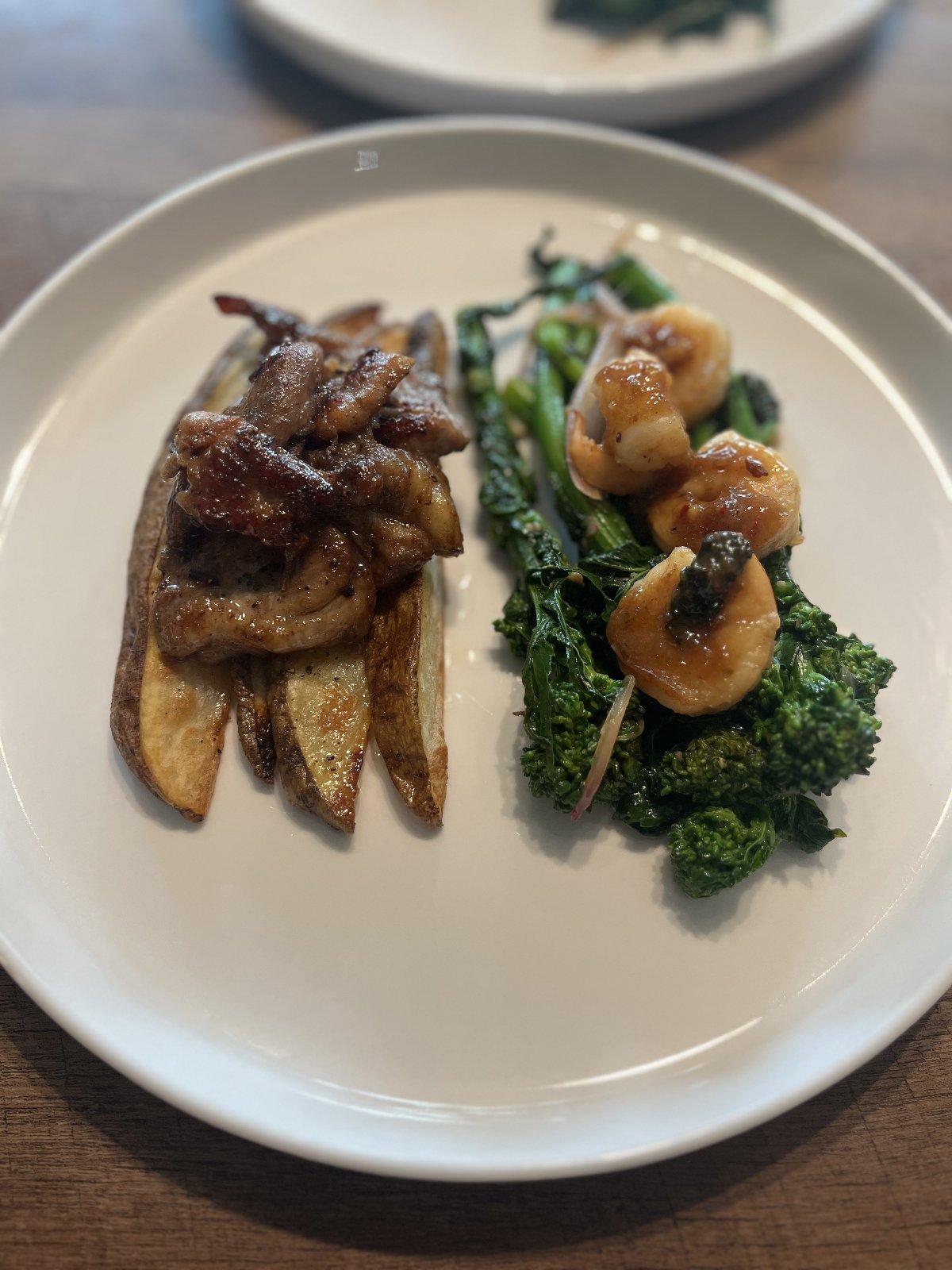 Brown Butter Roasted Potatoes with Crispy Boston Butt and Garlic Shrimp