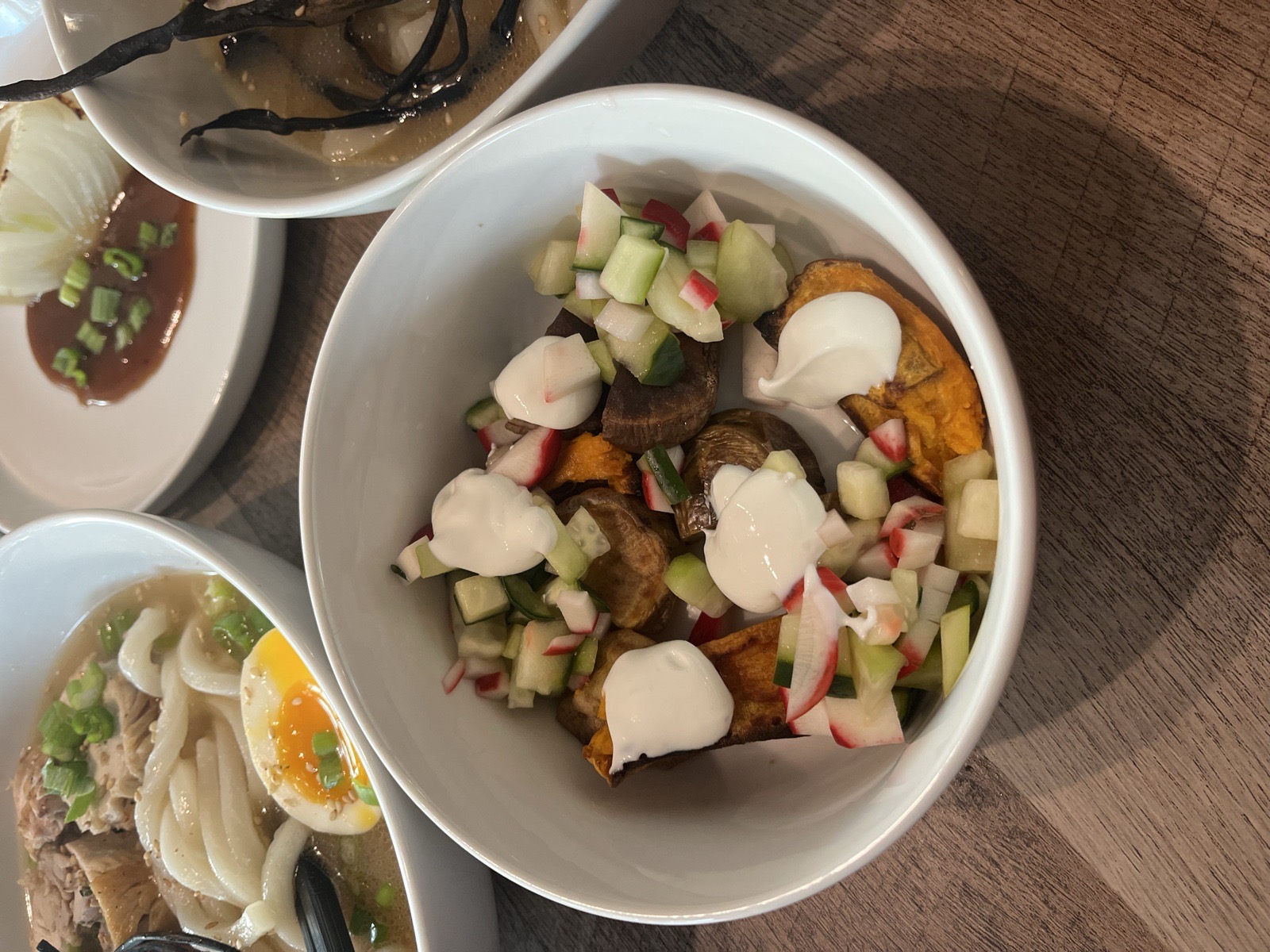 Miso–Beef Jus–Glazed Sweet Potato with Goat Cheese and Cucumber Relish