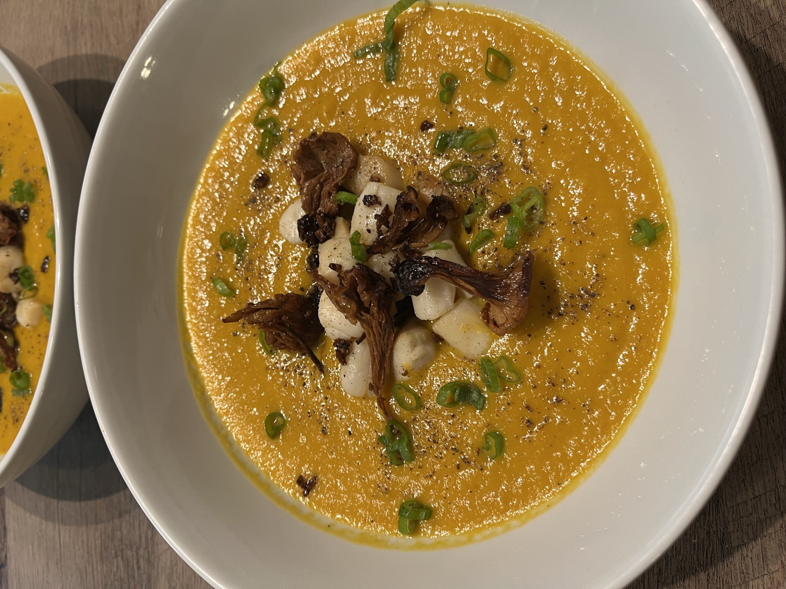 Yellow Squash & Sweet Potato Velouté with Scallop Skewers and Sautéed Mushrooms