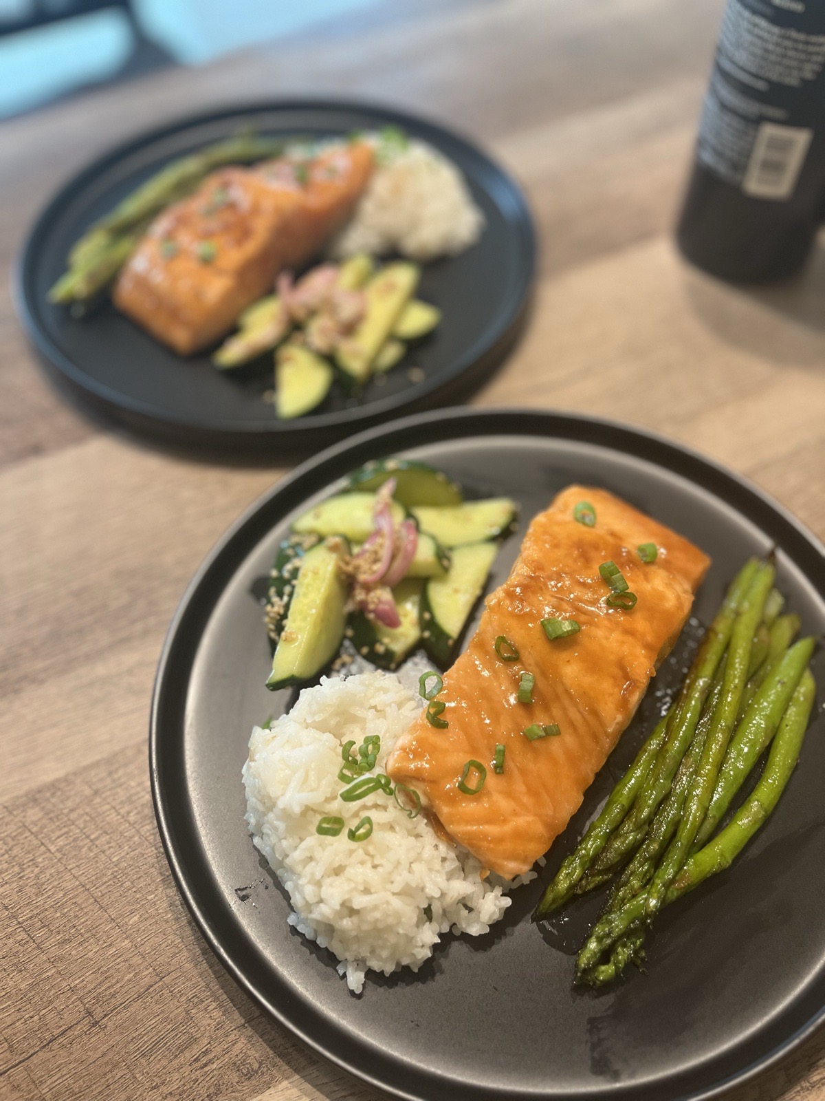 Brown-Miso Teriyaki Salmon Dinner with Asparagus, Steamed Rice & Sesame Cucumber Salad