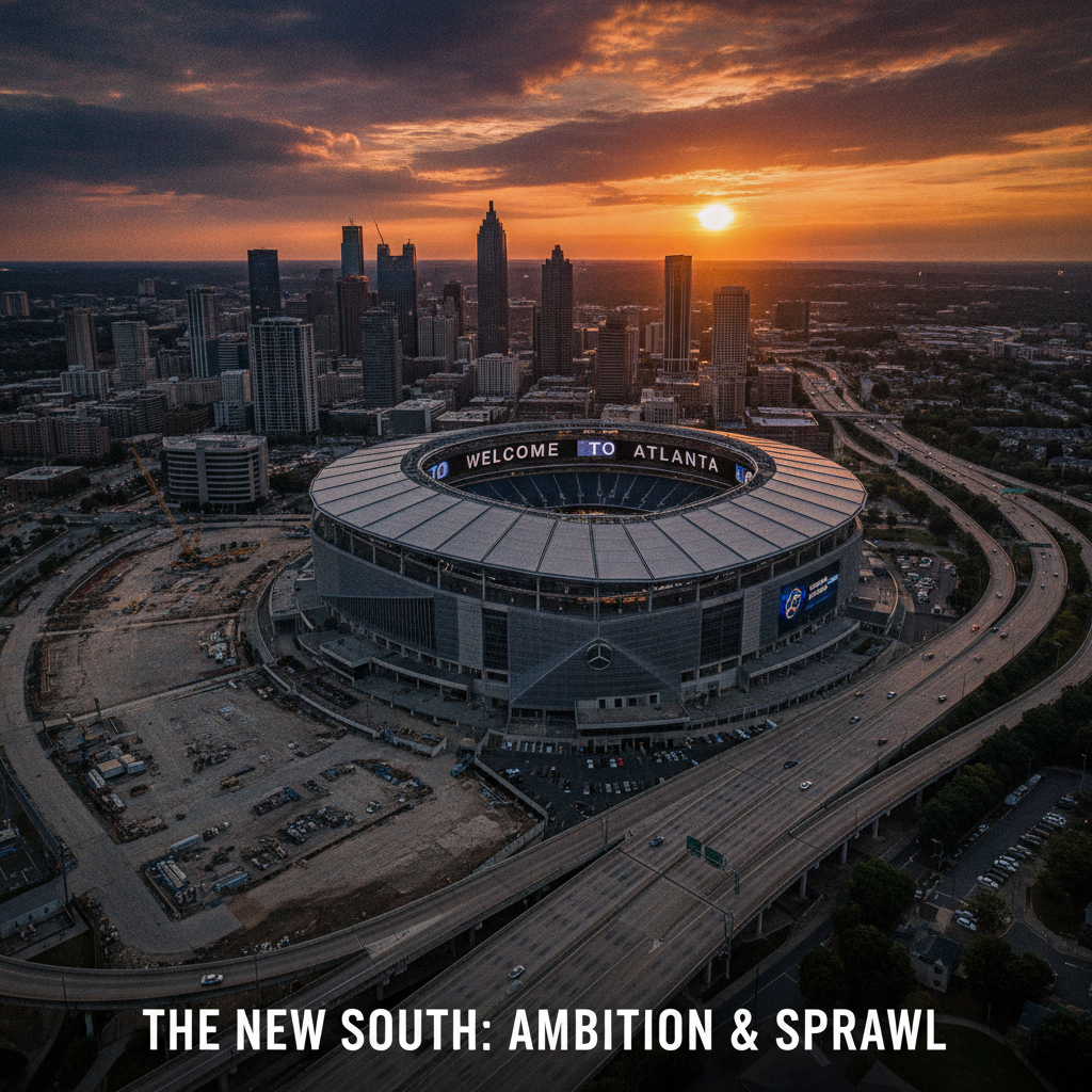 Atlanta: Mercedes-Benz Stadium (Falcons Super Bowl LI 28-3 collapse, Atlanta United MLS Cup 2018, petal roof halo board), Buckhead luxury district (Phipps Plaza, Lenox Square USD 1B revenue, Fortune 500 suburban office parks), Decatur walkable village (most integrated Atlanta suburb, Book Festival 80,000 visitors, Agnes Scott College), Atlanta Fortune 500 (Home Depot, Delta, UPS, Chick-fil-A, NCR, Cox Enterprises), Atlanta sprawl and MARTA (29-county metro only 2 counties served, suburban referendum failures, BeltLine light rail unfulfilled), Practical Guide (MARTA airport to Buckhead, day trips Savannah Athens Blue Ridge Mountains)