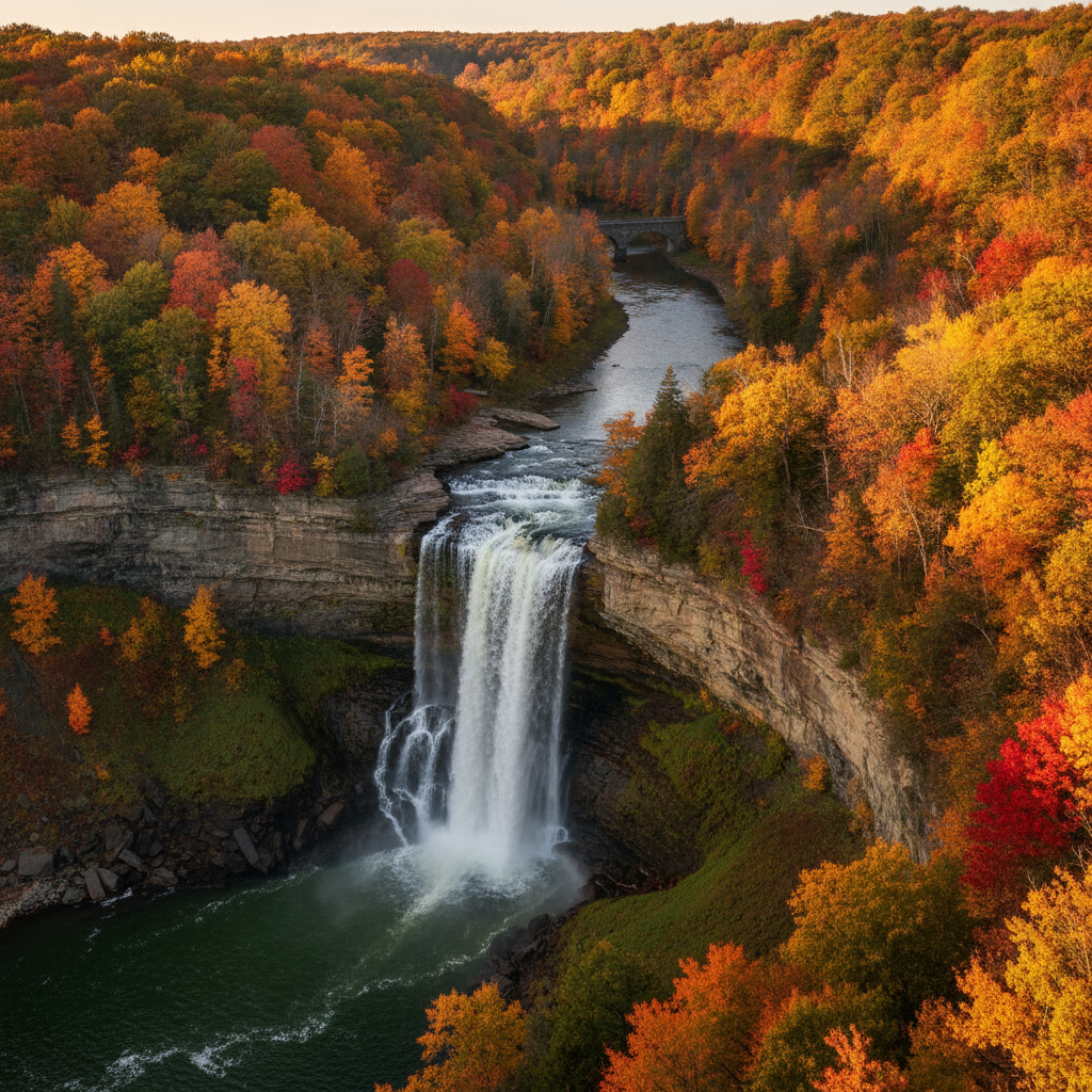 Buffalo R5: Letchworth (90km southeast, 25km gorge 180m deep, three waterfalls Upper 26m Middle 30m Lower 23m, Portage Viaduct 1903 72m above river, October foliage most beautiful inland eastern US, Mary Jemison captured 1755 age 12 lived as Seneca died 1833 age 90 buried in park, Senator Letchworth donated 1906); First Ward (Irish Famine 1840s dockworkers canal laborers, Swannie House 1880 oldest bar, grain elevator kayak tours Riverline, Seneca One Tower 38 stories USD 500M conversion, Statler Hilton 1923 Ellsworth Statler 1863-1928 invented in-room bath 1908 in-room phone 1911 doorknob menu Father Modern Hotel); Erie Canal (584km Albany to Buffalo, 57 locks 524km navigable, Lockport 40km engineers overcame Niagara Escarpment 5 pairs locks most remarkable feat, Annie Taylor born Lockport 1838, Rochester 150km Eastman Kodak 1892 George Eastman suicide note My work is done, Strong Museum of Play worlds only); Theater (Shea's 1926 C.W. Rapp 3083 seats Broadway Series, Irish Classical Theatre, Kleinhans 1940 Saarinen father-son one of finest concert hall acoustics US, Buffalo bar culture Ulrichs 1868 Pan American Toutant Southern); Canadian connections (Peace Bridge 1927 8M vehicles/year 4th busiest land crossing, Canadian side superior face-on Horseshoe view, Fallsview Casino most visited Canada, Niagara-on-the-Lake Shaw Festival 10 plays 4 theaters, Inniskillin icewine 1989 Grand Prix Bordeaux 1991, Fort George War 1812); Revival (population 258,000 to 279,000 2010-2020 first growth since 1950, USD 175-200K median home most affordable NE, Tesla Gigafactory USD 750M Solar Roof, Josh Allen 5 Pro Bowls Sean McDermott, Green Code 2016 first zoning update since 1953).