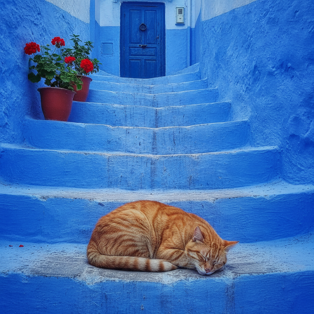 Chefchaouen Has an Estimated 500-1,500 Feral Cats in the Medina Who Appear in Approximately 20-30% of All Instagram Photographs of the City; Moroccan Islamic Tradition Regards Cats Positively Based on the Prophet Muhammad's Reported Pet Cat Named Muezza; The Chefchaouen Blue Paint Is a Lime-Based Whitewash Applied Annually Before Summer Using Synthetic Cobalt Blue and Ultramarine Pigments While Traditional Blue Used Indigo