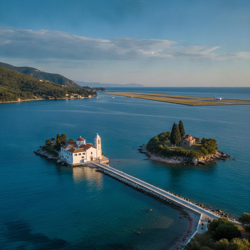 Corfu South: Kanoni Mouse Island Photo, Aircraft Landing Over the Sea, Kayaking the Coast, and Moraitika Southern Beaches
