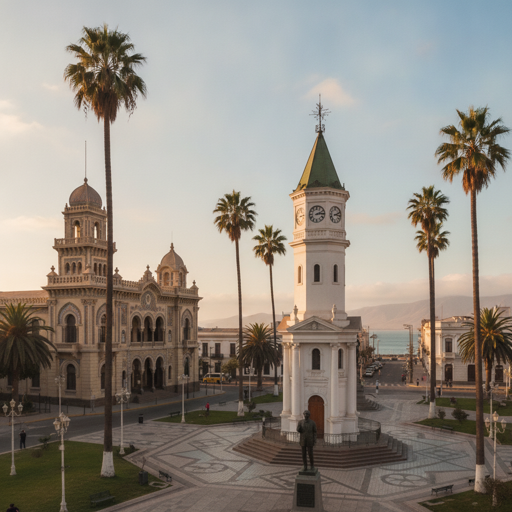 Iquique Historic Center: Plaza Prat, the Clocktower, the Casino Español, and the Georgian-Era Nitrate Boom Architecture