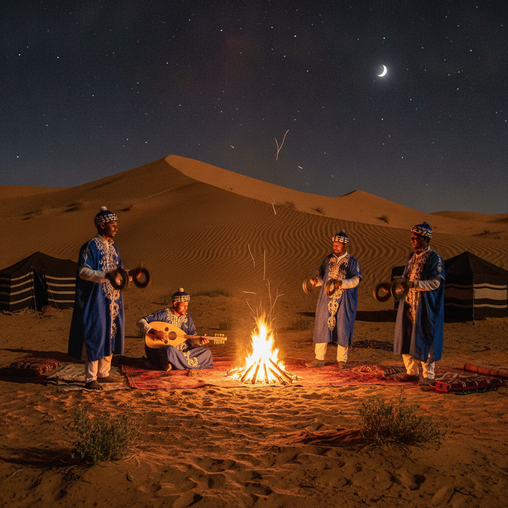 Merzouga Culture: The Gnawa of the Desert, the Blue Men of the Sahara, the Touareg Heritage, the Saharan Musical Traditions, and the Desert Cultural Identity