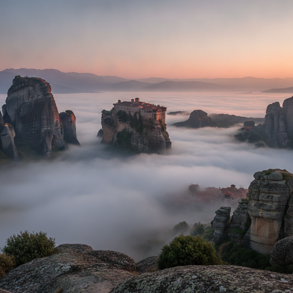 Meteora Monasteries and Floating Rocks: Great Meteoron and Varlaam at Sunrise, Byzantine Frescoes, Orthodox Monks, Kalabaka Town, and the 60-Million-Year Geology