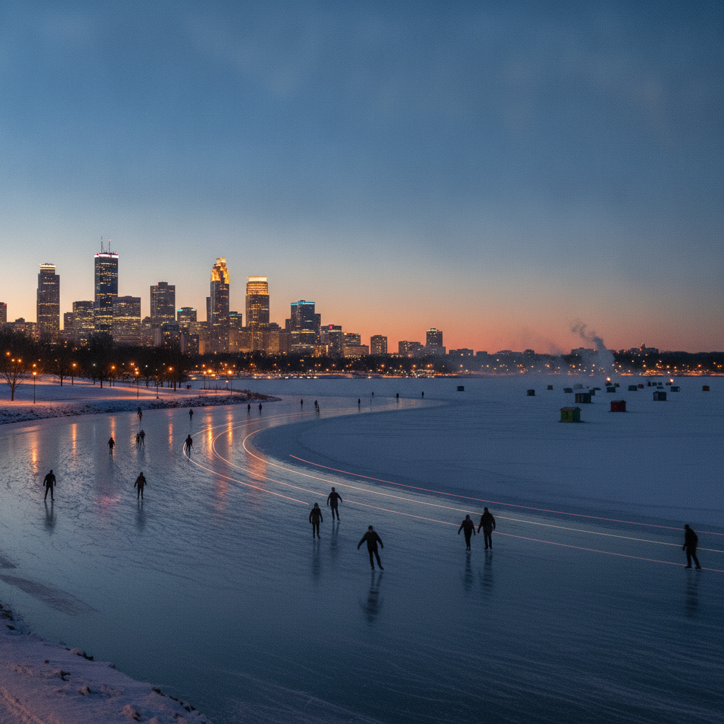 Minneapolis R4: Visual arts scene (Walker Art Center, Minneapolis Sculpture Garden Spoonbridge and Cherry, Art-a-Whirl 700 artists 20,000 visitors, McKnight-Jerome-Bush foundations USD 100M grants), First Avenue music (Prince Purple Rain 1983 filming, Husker Du, The Replacements, Atmosphere, Rhymesayers Entertainment), Minnesota State Fair (2M visitors, 60-80 new foods-on-a-stick, Pronto Pup 1941 first corn dog, Sweet Martha Cookies 1M per day), Hmong and Somali communities (Hmong Village 300 vendors, Cedar-Riverside Little Mogadishu, Riverside Plaza 4,000 residents), Winter lake culture (frozen lake skating, Pond Hockey Championships Bde Maka Ska, ice fishing Mille Lacs, Skyway 13km longest world), Practical (summer best, Metro Blue and Green Lines, no sales tax on clothing, Minnesota Nice)