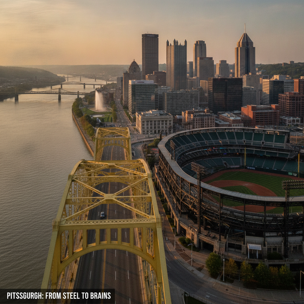 Pittsburgh R2: Neighborhoods (Squirrel Hill Tree of Life shooting October 2018 deadliest US antisemitic attack, Lawrenceville craft beer arts gentrification, Mexican War Streets Victorian), Rust Belt recovery (UPMC 92,000 employees USD 26B largest PA employer, CMU UM 55,000 students USD 3B, robotics Uber ATG Argo AI Aurora), Three Rivers outdoor (Heritage Trail 45km, Three Rivers Regatta largest free inland, Ohiopyle Class III-IV rapids Yough), Pittsburgh history (Fort Duquesne 1754 French Indian War George Washington first mission, Forbes captures 1758 Fort Pitt, Frick Westinghouse Mellon Gilded Age, Richardson Courthouse 1888 greatest 19th century American architecture), Warhol and arts (7-story museum Silver Clouds Time Capsule 600 boxes, Benedum Center Stanley Theater 1987, Pittsburgh Glass Center largest public US, Pittsburgh Symphony Orchestra), Practical (T light rail free downtown, PIT airport 1992 most advanced, 160-165 sunny days cloudiest major US city, Three Rivers Arts Festival 300,000 June)