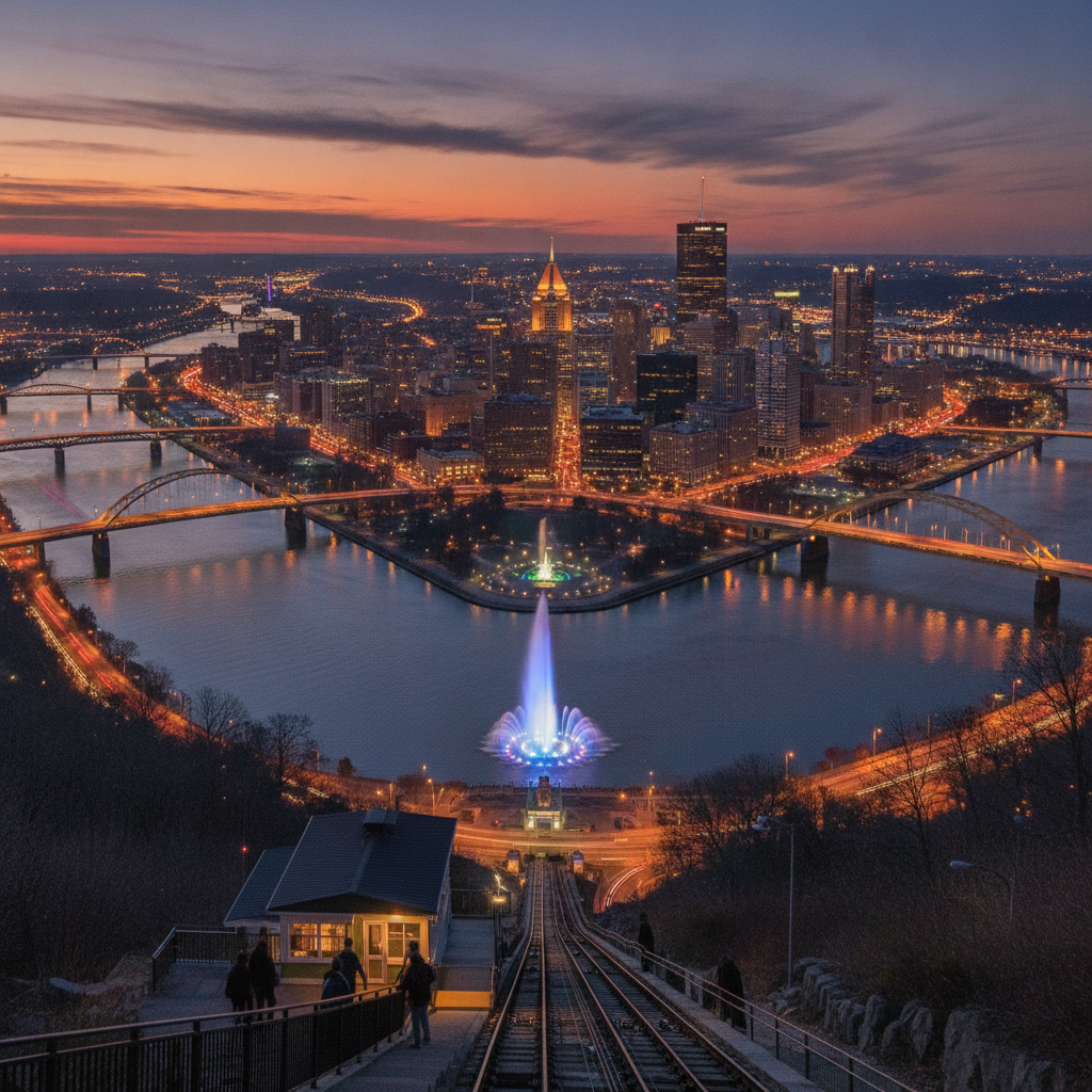 Pittsburgh: Steel legacy (446 bridges most in world, Carnegie Steel to US Steel 1901, 150,000 jobs lost 1979-1988, Homestead Strike 1892), Mount Washington inclines (Duquesne Incline 1877, Monongahela 1870 oldest continuous, Golden Triangle view three rivers confluence, Point State Park Fort Pitt 1758), Carnegie Museums (Natural History Diplodocus carnegii, Mary Cassatt Impressionist born Allegheny City, Andy Warhol Museum 900 works Campbell's Soup Marilyn Elvis), Pittsburgh sports (Steelers 6 Super Bowls Steel Curtain Immaculate Reception, Penguins 5 Stanley Cups Crosby, Pirates Mazeroski 1960 walk-off HR, PNC Park most beautiful stadium), Strip District and food (Primanti Brothers 1933 fries-in-sandwich, Pennsylvania Macaroni 1902, pierogi Pierogi Race Pirates), Practical (CMU computer science drama, Cathedral of Learning 42 stories tallest educational Western Hemisphere, autonomous vehicles Uber Waymo, Fallingwater 90km Fallingwater masterpiece)