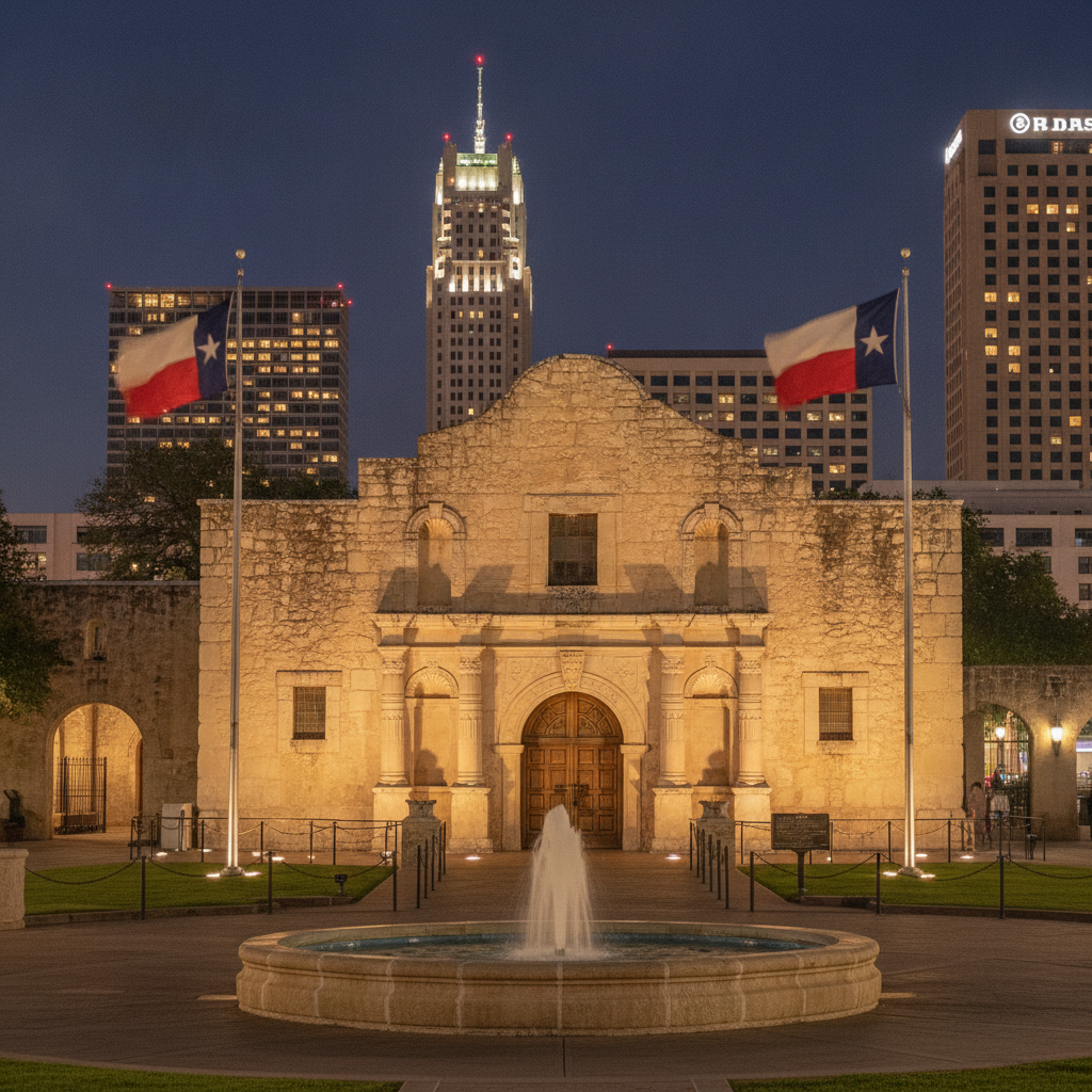 San Antonio: The Alamo (1836 Battle, Jim Bowie and Davy Crockett, Texas Revolution), River Walk Paseo del Rio (11M visitors, 100+ restaurants, cypress canopy 1.5m below street), San Antonio Missions UNESCO World Heritage Site (5 missions, Mission San Jose Rose Window, Espada Aqueduct), Pearl Brewery Food Renaissance (Hotel Emma, Pearl Farmers Market), and Practical Guide (Fiesta San Antonio festival, King William German district, Mi Tierra Tex-Mex)