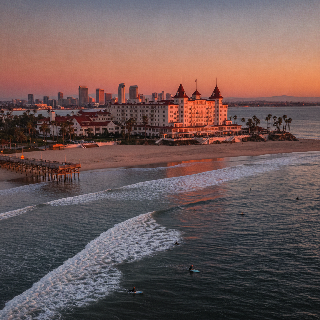 San Diego: Balboa Park Cultural Complex (17 museums, 1915 Spanish Colonial Revival, San Diego Museum of Art), San Diego Zoo (3700 animals, giant pandas returned 2024, Safari Park), Hotel del Coronado (1888 Victorian resort, 14 US presidents, Wizard of Oz inspiration), La Jolla Cove (sea lion colony, Birch Aquarium at Scripps), and Craft Beer Capital USA (180+ breweries, Stone Brewing, Ballast Point USD 1B, fish taco history)