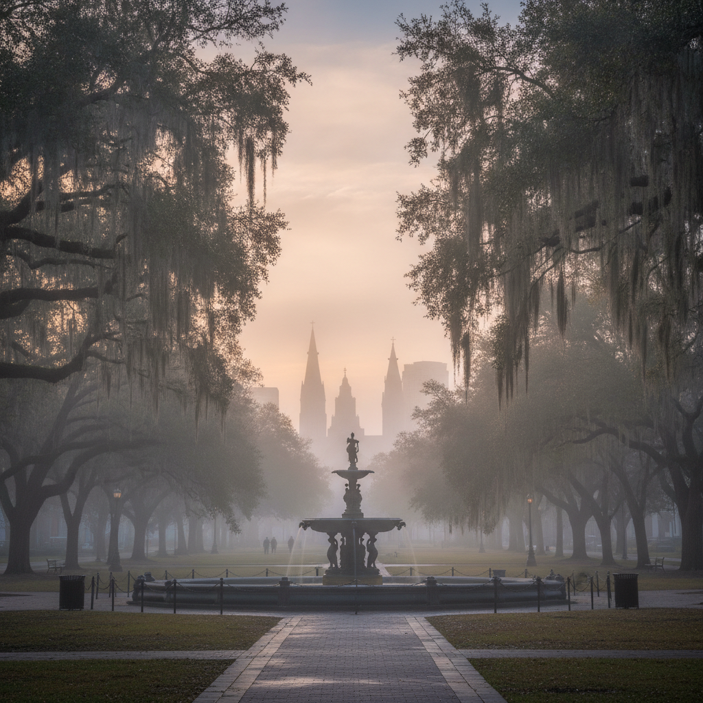 Savannah: Oglethorpe Plan (1733 founded 12th and last original colony, 22 of 24 original squares surviving, most intact 18th-century urban planning US, Forsyth Park 1858 fountain, SCAD 15,000 students revitalized historic buildings), Midnight in the Garden of Good and Evil (Berendt book 1994 216 weeks NYT bestseller longest nonfiction, Mercer House Jim Williams shooting, Chablis Lady drag performer, Johnny Mercer 1,500 songs Moon River Oscar 1961 Breakfast at Tiffany's), Bonaventure Cemetery (live oak allees Spanish moss, Little Gracie Watson 1889 most visited grave, Bird Girl statue moved to Telfair Museums, Telfair Museums oldest Southern public art museum, Owens-Thomas House 1816 finest US Regency architecture), Savannah food (Olde Pink House 1771 James Habersham Georgian mansion, Pirate's House 1734 oldest building Georgia shanghaied sailors tunnel Treasure Island, Mrs. Wilkes Dining Room 1943 communal soul food), Film history (Forrest Gump 1994 Chippewa Square bench now Savannah History Museum, Midnight movie Clint Eastwood 1997, Savannah Film Festival SCAD October), Practical (Historic District 2.5 sqkm National Historic Landmark walkable, Tybee Island 30km lighthouse 1736 second oldest US site, Jekyll Island Rockefellers Morgans, Cumberland Island wild horses Carnegie ruins)