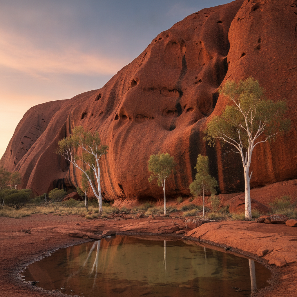 Uluru: Simpson Desert and Lake Eyre, Overland Telegraph Line and Afghan Cameleers, Uluru Base Walk and Mala Walk Cultural Tjukurpa Sites, Western Desert Art Movement (Papunya Tula and Emily Kngwarreye), Yulara Accommodation from Longitude 131 to Campground