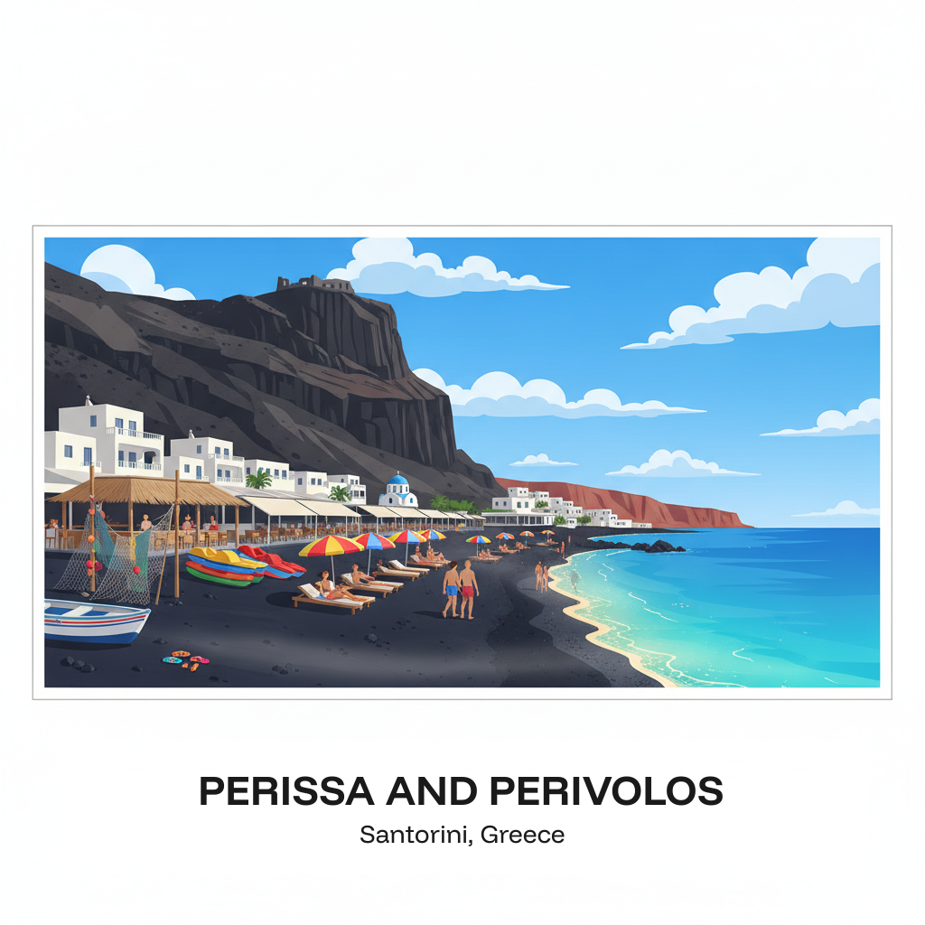 Perissa et Perivolos — la côte de la plage de sable noir