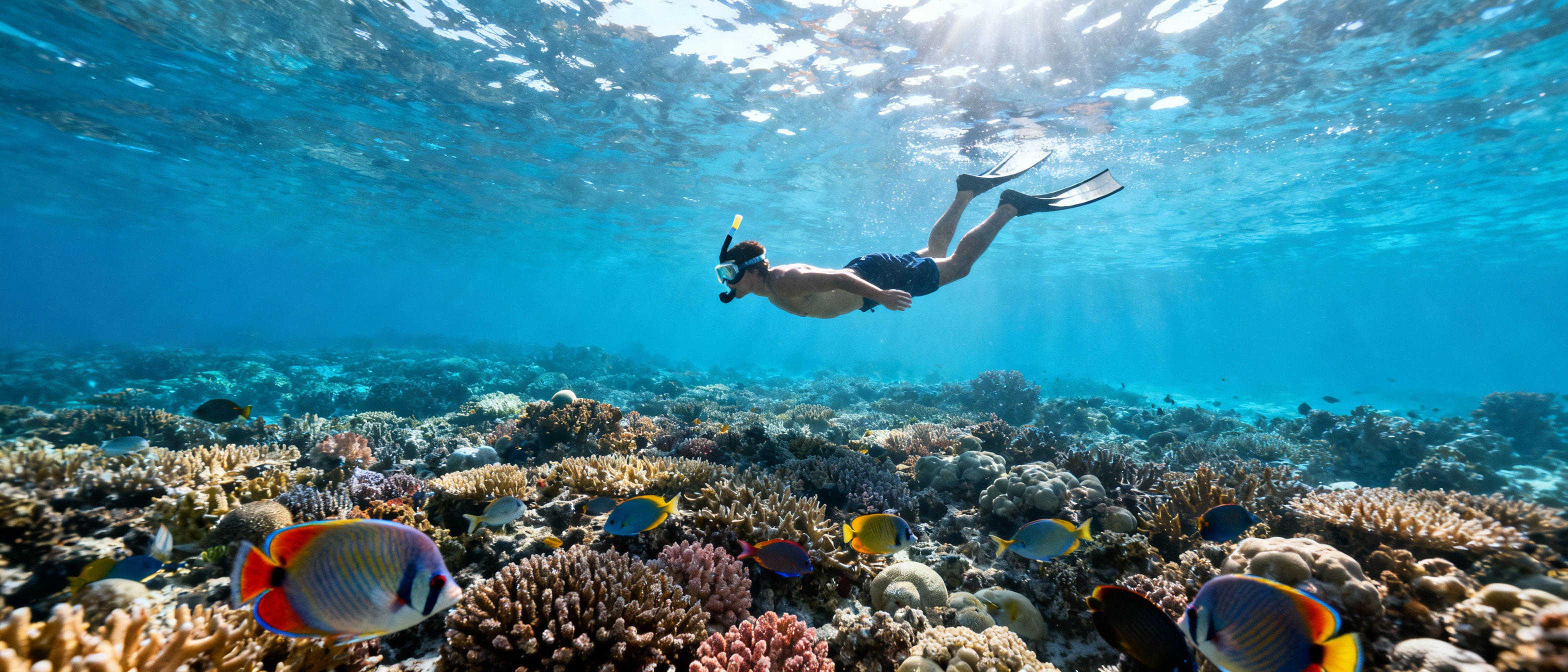A person snorkeling in clear blue water.