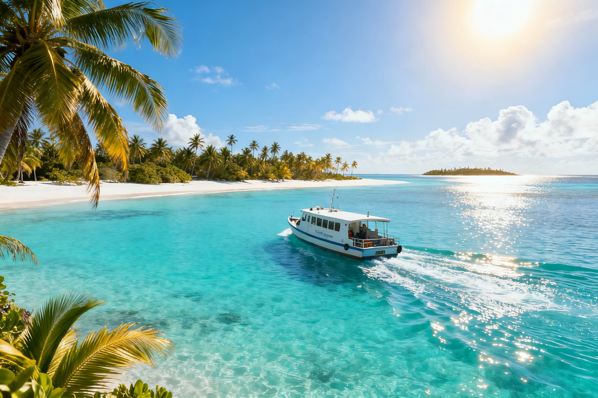 A local ferry crossing turquoise water in the Maldives.
