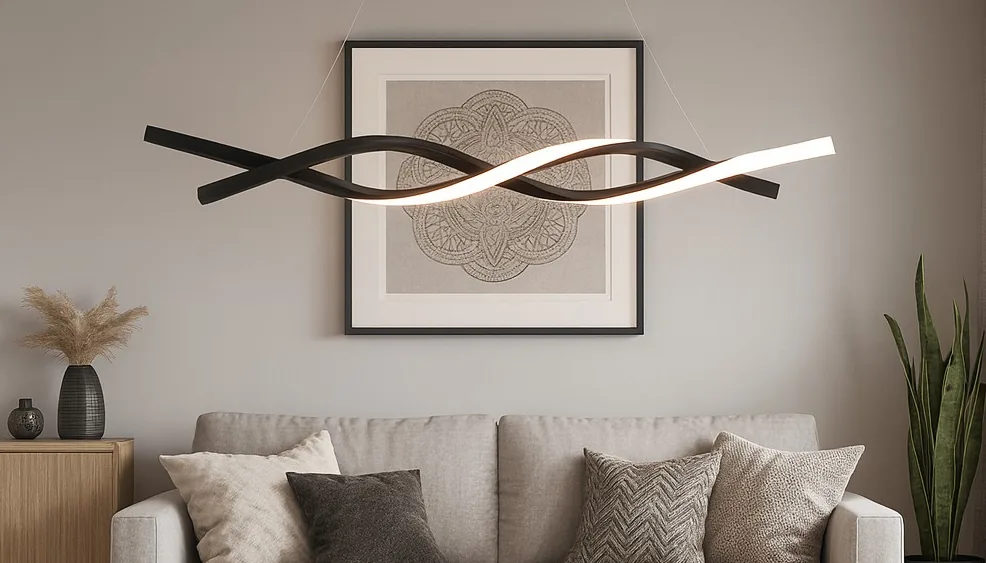Sala de estar decorada com lustre Génova preto instalado sobre o sofá