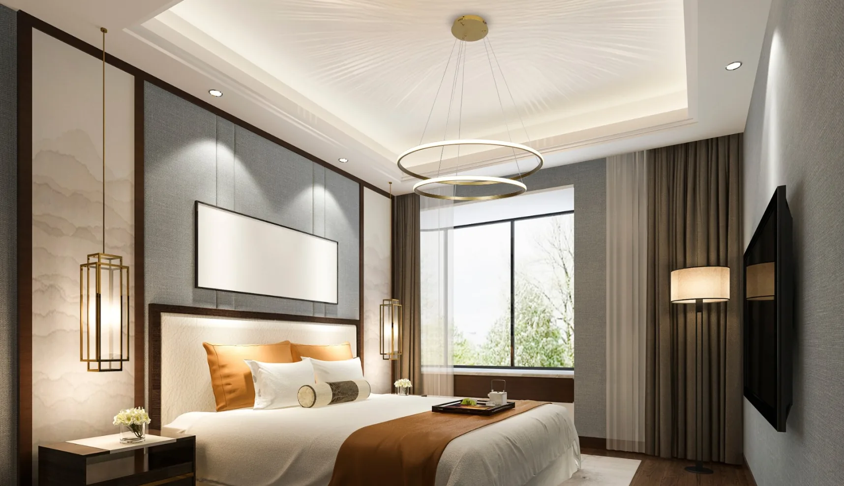 Quarto de casal aconchegante com lustre Arcor dourado instalado sobre a cama